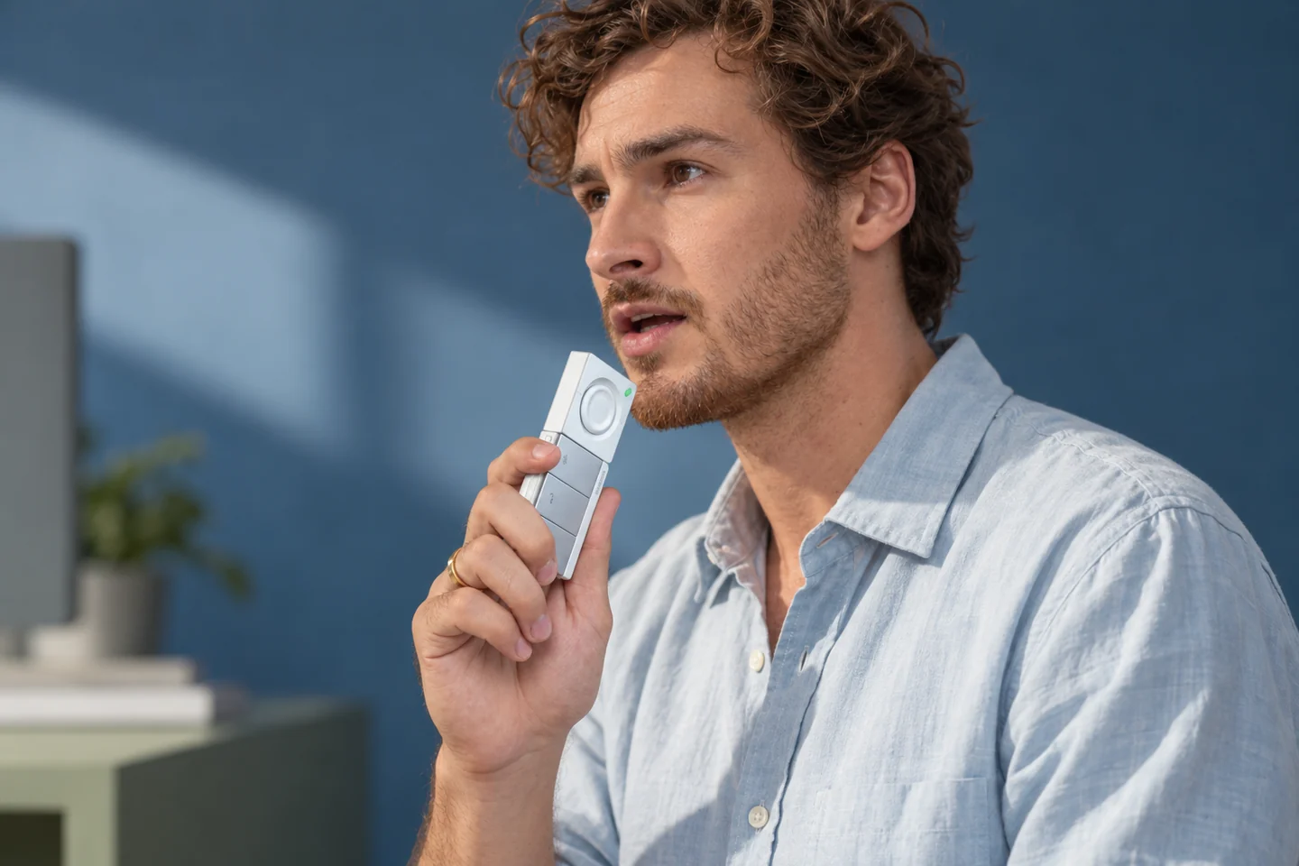 Speaking softly into the SlashVibe handheld controller held close to the mouth